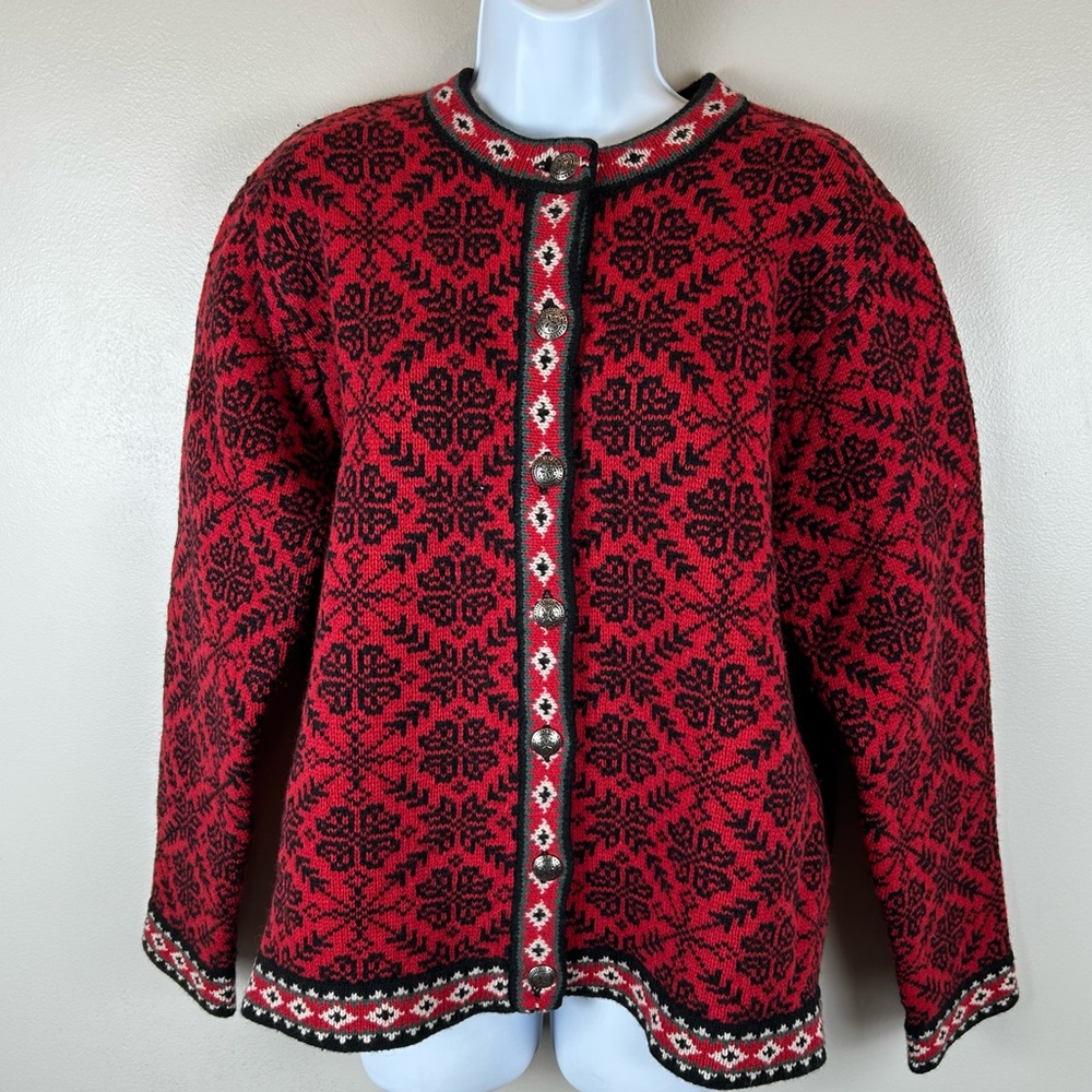 Vintage LL Bean Nordic Fair Isle Cardigan Womens Large Red & Black Merino Wool